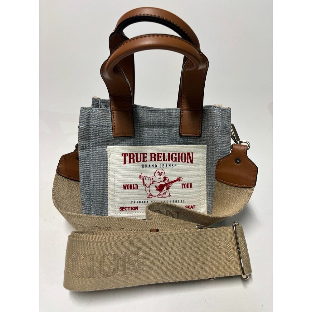 True Religion World Tour Mini Denim Tote Crossbody Bag Blue Brown Logo Adjustabl